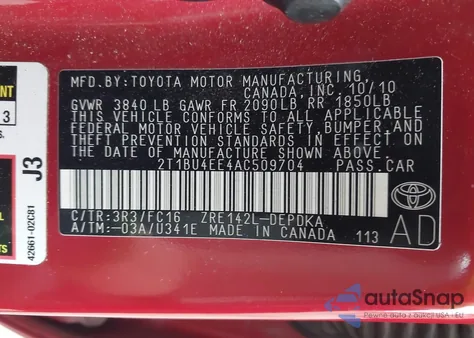 2010 Toyota Corolla Le из США, поврежденный, VIN 2T1BU4EE4AC509704